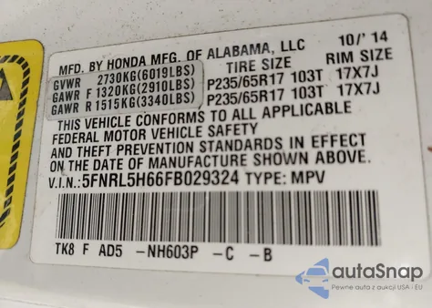 2015 Honda Odyssey Ex-L z USA, uszkodzony, nr VIN 5FNRL5H66FB029324